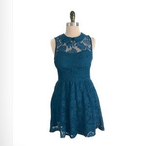 Xhilaration teal lace dress with sheer neckline collar and keyhole back size S